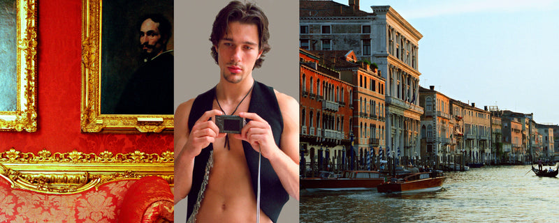 Ross Watson triptych photograph of long haired shirtless man wearing vest holding camera flaniked by views of venice and palace interior