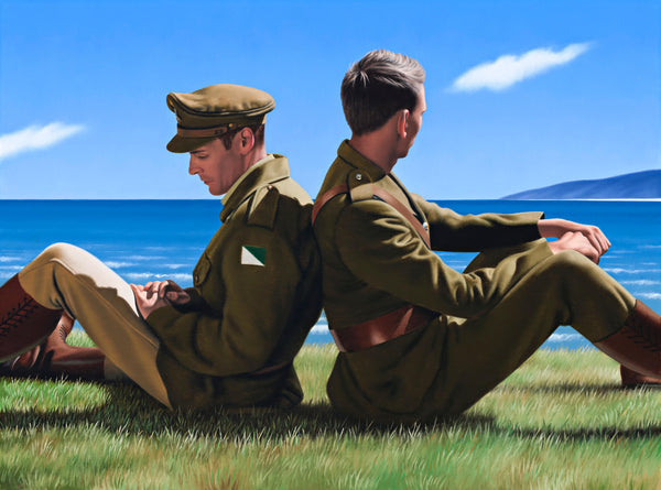 Ross Watson painting of two Australian Light horsemen soldiers in uniform sitting back to back on ocean headland