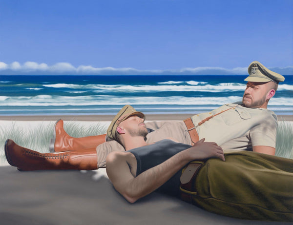 Ross Watson painting of two WW1 officers lying on a sand dune on a surf beach