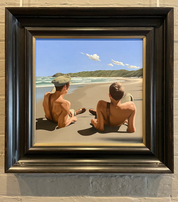 Ross Watson oil painting, Captains, Off Duty framed in a black Italianate frame hung on a brick wall