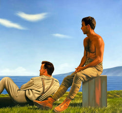 Ross Watson painting of two soldiers, one shirtless seated on crate the other fully dressed lying on grass