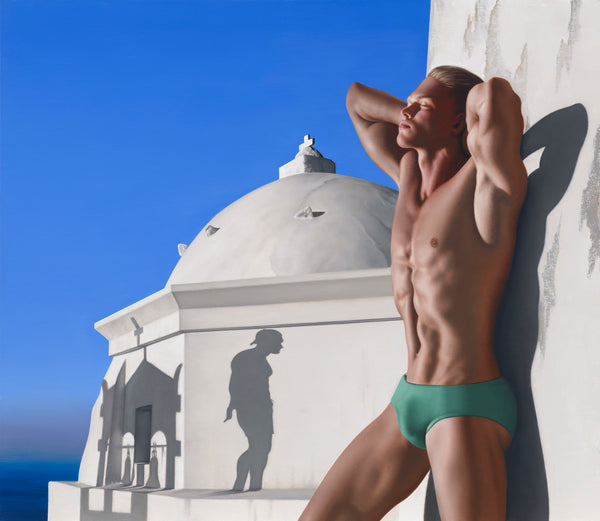 Realistic painting of a fit blonde man leaning against a wall in brief swimwear.  A white greek domed building is in the background