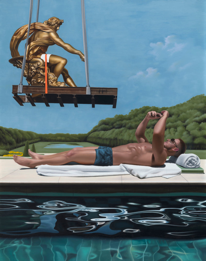Ross Watson painting of a statue of Apollo and a young bather in the garden of Versailles