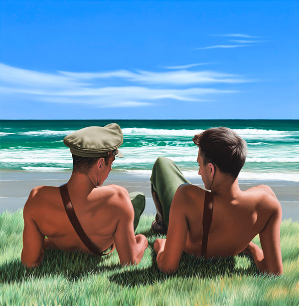 Ross Watson artwork of two shirtless soldiers wearing a Sam Brown sharing an intimate moment on a beach