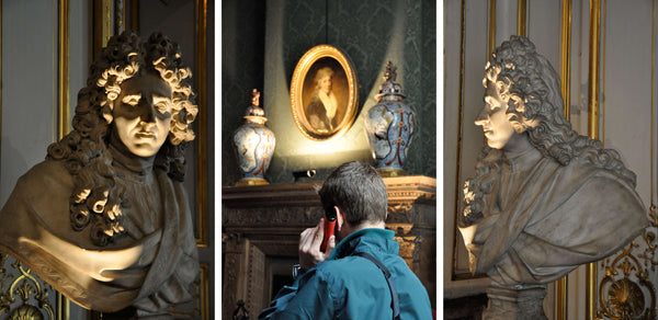 Ross Watson triptych photograph of dramatically lit antique stone bust of man with central panel tourist using mobile phone
