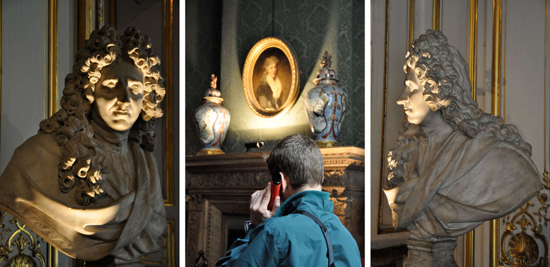 Ross Watson triptych photograph of dramatically lit antique stone bust of man with central panel tourist using mobile phone