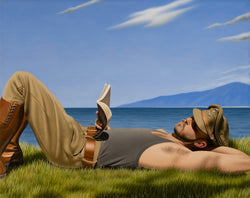 Ross Watson original oil painting of WW1 Australian uniformed soldier laying on grass headland reading book