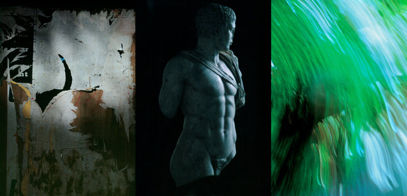 Ross Watson triptych photograph of peeled posters, roman sculpture bust and green blur