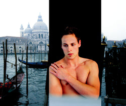 Ross Watson triptych photograph of shirtless fit man flanked either side by images of Venice