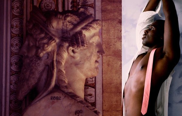 Ross Watson diptych photograph of ancient marble head and black model with pink tie and white shirt