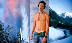 Ross Watson triptych photograph of shirless man wearing head phones with snowy mountains and evening sky