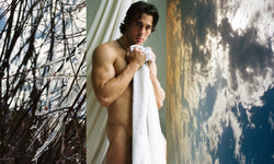 Ross Watson tiptych photograph of naked man holding towel, ice covered branches and sky