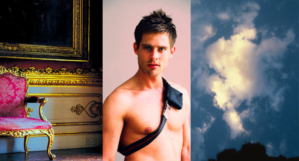 Ross Watson triptych photograph of shirtless man, red antique chair and cloudy sky