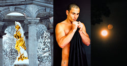 Ross Watson triptych photograph of Paul Licuria flanked by gold statue in snow and moon