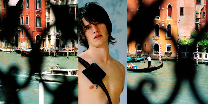 Ross Watson triptych photograph of long haired shirtless man with lattice obscured views of venice either side