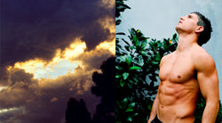 Ross Watson diptych photograph of shirtless footballer brodie holland next to cloudy sky