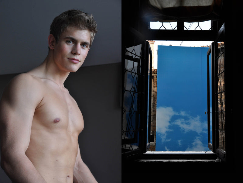Ross Watson diptych photograph of Dolph Lambert and open window with blue canvas