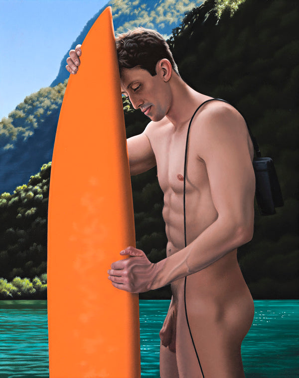 Ross Watson painting of a toned naked man standing side on holding an orange surfboard in from of a backdrop of mountans and calm water