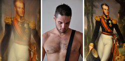 Ross Watson triptych photograph of British formally dressed soldier on left and right panel, with a shirtless young man with a hairy chest and shoulder strap in the middle panel