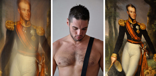 Ross Watson triptych photograph of British formally dressed soldier on left and right panel, with a shirtless young man with a hairy chest and shoulder strap in the middle panel