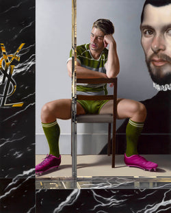 Ross Watson original painting from the DIORAMAS series of a uniformed rugby player with pink boots inside the YSL window with an oversized portrait of a bearded man in frilled collar
