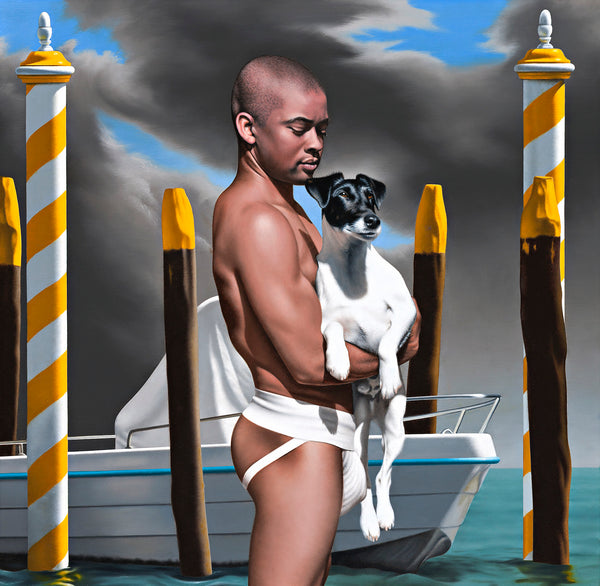 Original Ross Watson painting of a man wearing a white jock strap holding a white fox terrier with a black head in front of a small boat between yellow and white Venetian mooring poles