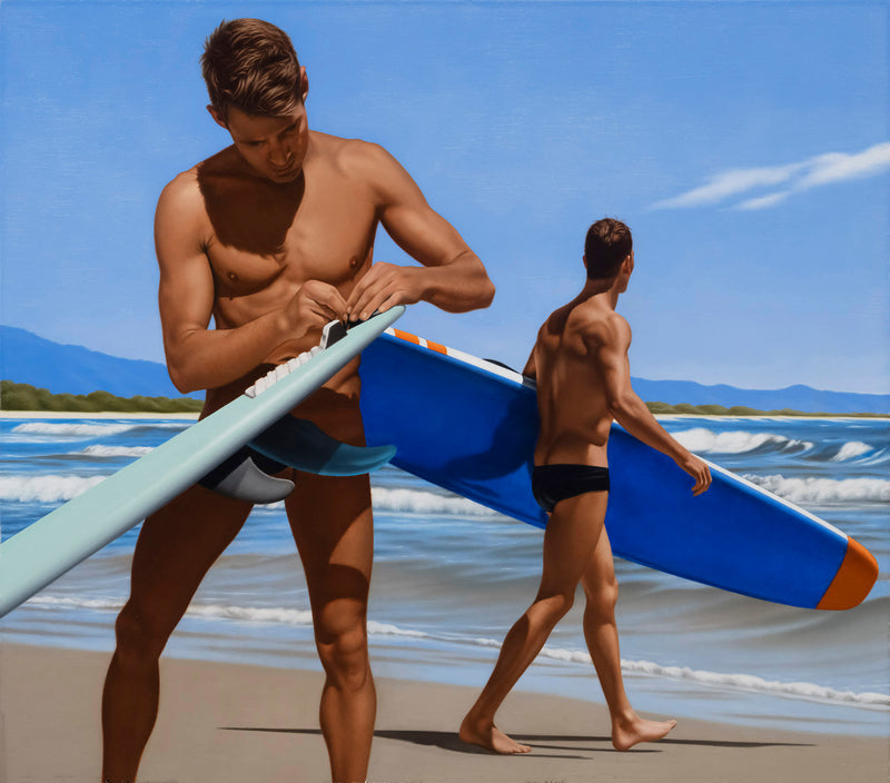 Ross Watson oil painting of two surfers on a beach, one with an aqua coloured surfboard and the other a blue surfboard