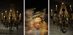 Ross Watson triptych photograph. Left and right panels of chandeliers and central panel of blurred image of tribal mask