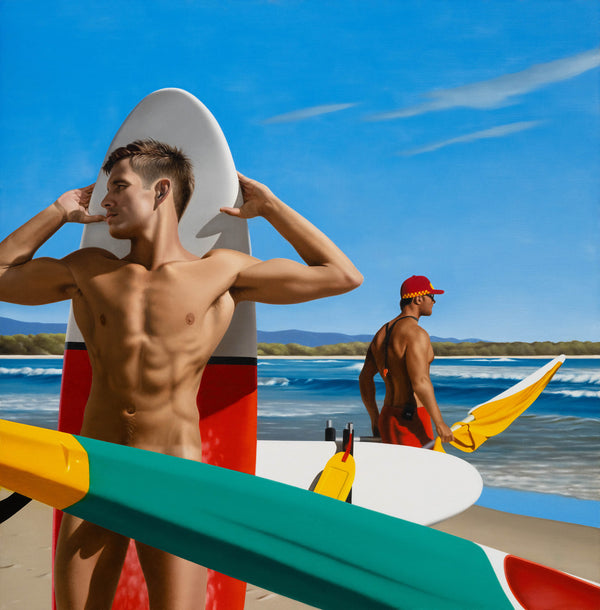Ross Watson painting of a naked man standing in front of a surfboard on the beach with a lifeguard entering the surf behind him and his pelvis obsucred by a yellow and green surf ski on an angle in the foreground