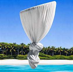 Ross Watson painting of knotted mosquito net floating in front of palm tree lined white sand beach