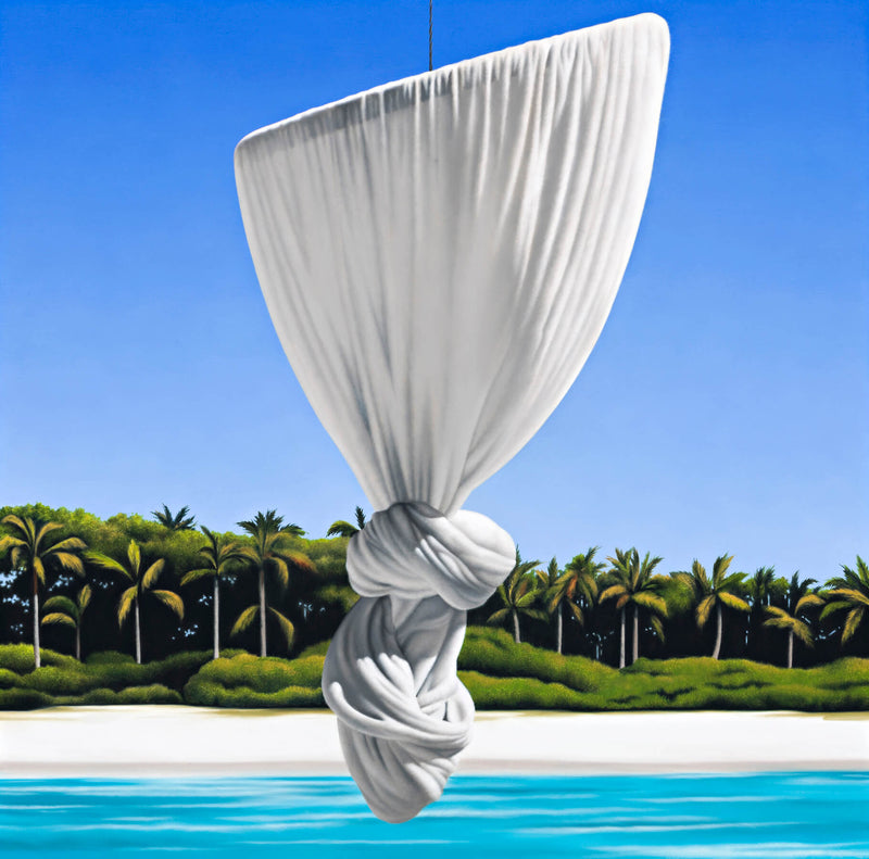 Ross Watson painting of knotted mosquito net floating in front of palm tree lined white sand beach