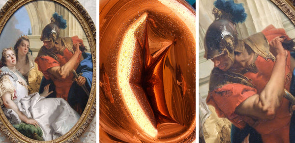 Ross Watson triptych photograph.  Left an right panels featuring classical portriat of Roman soldier, centre panel close up image of Koon's orange metal sculpture