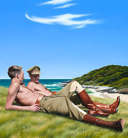 Original Ross Watson oil painting of two shirtless world war 1 soldiers reclining on beach headland
