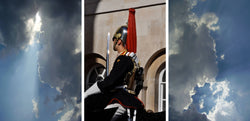 Ross Watson triptych photograph of clouds and Blues and Royal household cavalry soldier on horseback