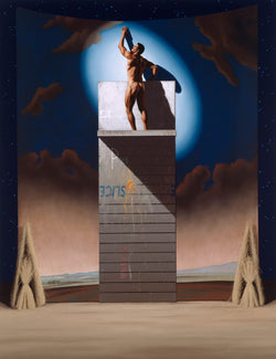 Ross Watson painting of Ian Roberts naked on raised platform reaching upward in spotlight in front of theatre background of stormy sky with two hay stacks either side of platform