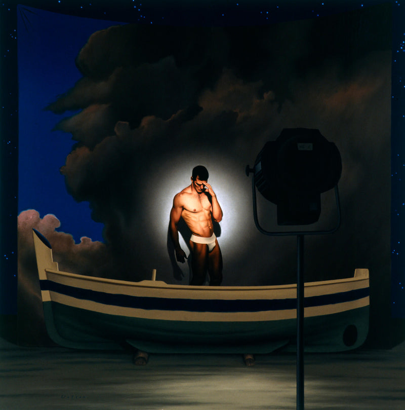 Ross Watson painting of Ian Roberts wearing a white jockstrap shielding his eyes in spotlight in front of painted theatre backdrop of stormy sky and a wooden boat in the foreground