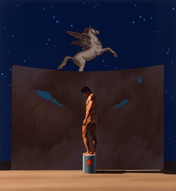 Ross Watson painting of Ian Roberts naked looking downward stading on drum with red star in front of theatre backdrop behind which a winged horse is flying in the night sky 