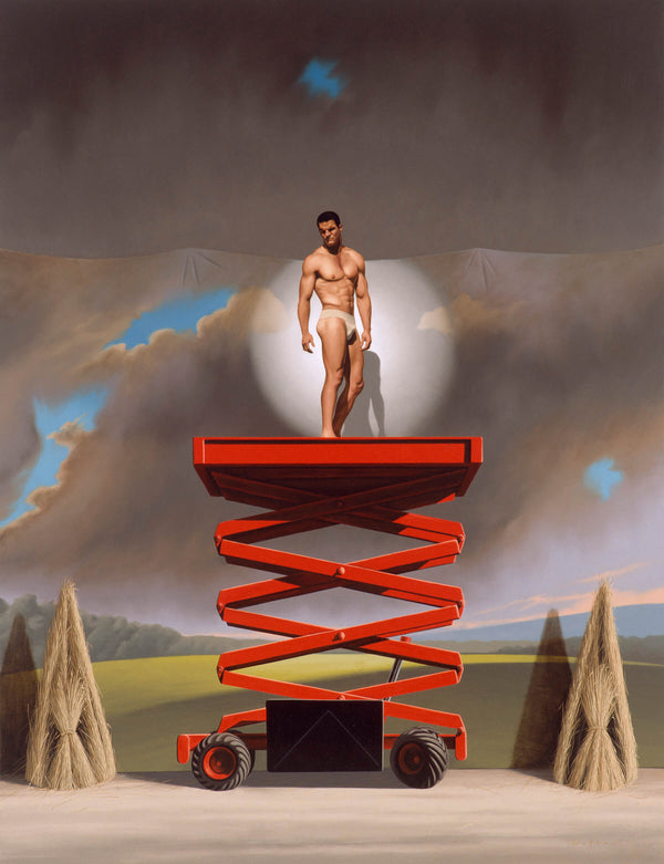 Ross Watson painting of Ian Roberts wearing a white jock strap standing on a red raised scissor lift in spot light in front of painting set back drop of stormy sky with two haystack either side of scissor lift