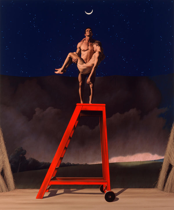Ross Watson painting of naked ian roberts holding another naked man standing on top of red ladder in front of theatre backdrop of stormy sky with two hay stacks either side