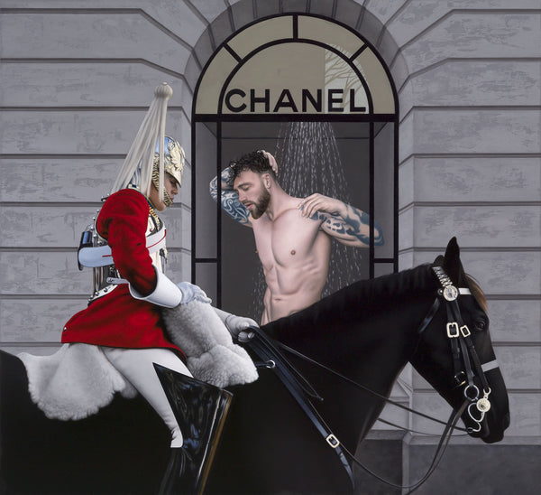 Ross Watson Painting of of a naked man showering in a CHANEL store window with a mounted ceremonial queens guard in the foreground