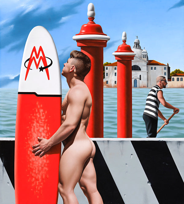 Ross Watson Limited Edition Canvas of a muscular naked surfer holding a red and white surfboard in front of a black and white striped barrier with a view of Venice featuring two red poles and a gondolier 