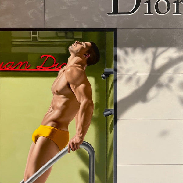 Original Ross Watson Painting of a man in yellow speedos with his head upturned to the sky painted within a Christian Dior window