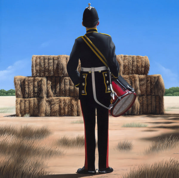 Ross Watson original oil painting of a British military drummer viewed from behind standing in front of a rural Australian haystack