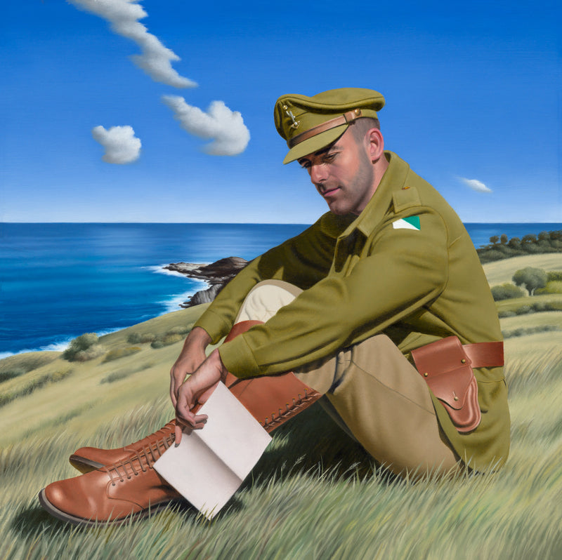 Ross Watson original oil painting of an Australian soldier sitting on a beach headland reading a letter