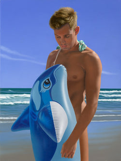 Ross Watson painting of swimmer standing on the beach with his speedos around his neck holding a blue and white inflatable dolphin pool toy