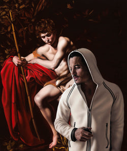 Realist painting of actor Luke Evans wearing white hooded top with black piping incorporated into caravaggio painting reference of a shepherd reclining on red fabric holding a staff
