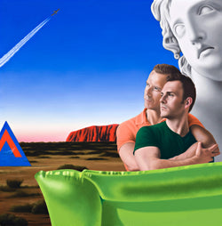Surrealist Ross Watson painting of two men embracing, one weraring an orange shirt the other green, a flourescent lime green lilo in the foreground and a giant marble sculpture and uluru in the background