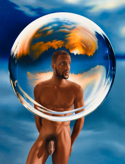 An original Ross Watson painting of a naked black man standing behind a surrealist bubble with orange reflected in its shimmer