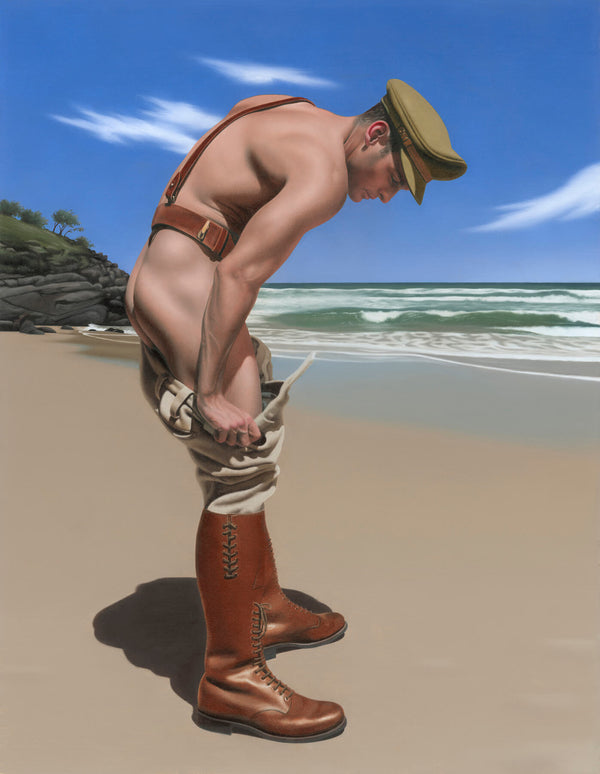 Ross Watson painting of soldier undressing on beach still wearing sam brown and boots