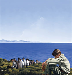 Ross Watson painting of WW1 soldier sitting on headland to the side of a row of smartly dressed men